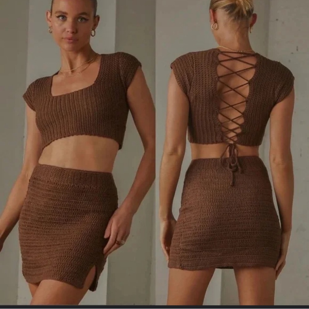 Free People Peppermayo Love Like This Brown Crotchet Knit Crop Top and Mini SKT